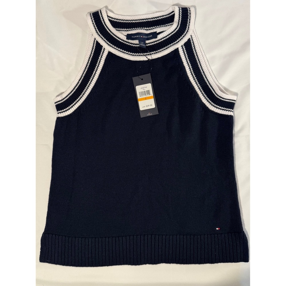 Tommy Hilfiger Womens Navy Blue Striped Trim Sleeveless Sweater Tank Top S NEW